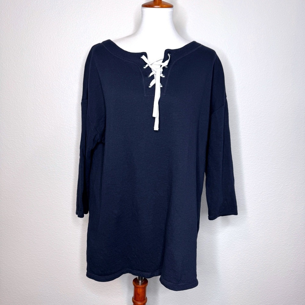 T by TALBOTS Dk‎ Navy Cotton Thermal Tunic XL Front Tie 3/4 Sleeves Casual
